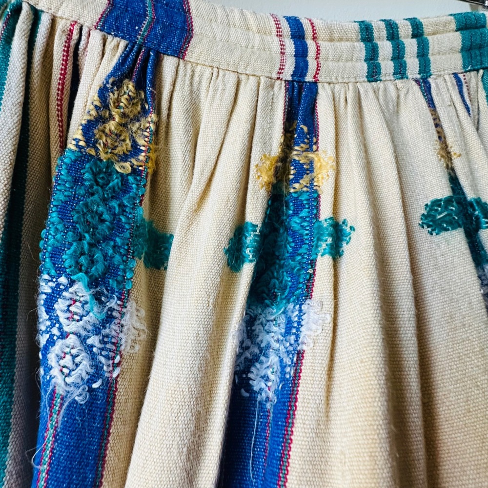 Vintage 70s Supercraft Skirt Blue Teal Woven Embroidered Fringe Boho Medium - Picture 3 of 8